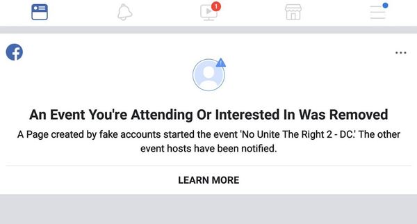 Notice Facebook sent to users that RSVP'd to the No Unite the Right 2 - DC protest. Notice Facebook sent to users that RSVP'd to the No Unite the Right 2 - DC protest. - Sputnik International