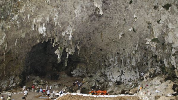 Workers labor at the Liang Bua cave excavation site where the remains of Homo floresiensis were discovered in Ruteng, Flores island, Indonesia (File) - Sputnik International