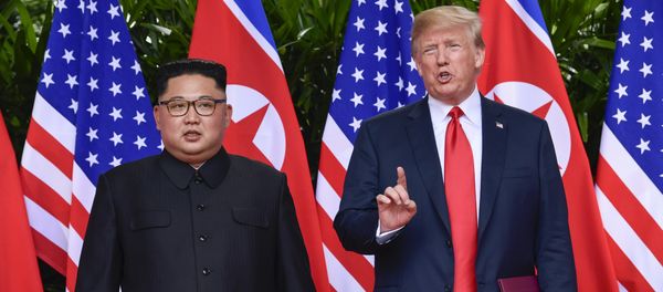FILE - In this June 12, 2018, file photo, U.S. President Donald Trump makes a statement before saying goodbye to North Korea leader Kim Jong Un after their meetings at the Capella resort on Sentosa Island in Singapore - Sputnik International