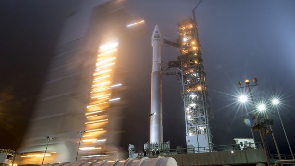 the mobile service tower at SLC-3 is rolled back to reveal the United Launch Alliance (ULA) Atlas-V rocket with NASA's InSight spacecraft onboard, Friday, May 4, 2018, at Vandenberg Air Force Base in Calif - Sputnik International
