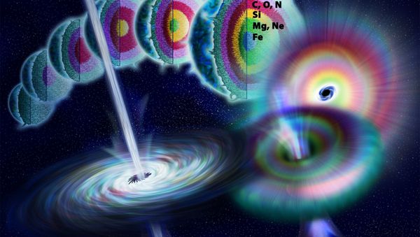 Artist's illustration showing the life of a massive star as nuclear fusion converts lighter elements into heavier ones. When fusion no longer generates enough pressure to counteract gravity, the star rapidly collapses to form a black hole. - Sputnik International