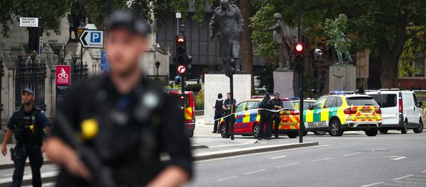 Armed police stand in the street after a car crashed outside the Houses of Parliament in Westminster, London, Britain, August 14, 2018 Armed police stand in the street after a car crashed outside the Houses of Parliament in Westminster, London, Britain, August 14, 2018 - Sputnik International