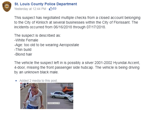 St Louis Police Department share Facebook post, announcing their search for a woman deemed 'too old to be wearing Aeropostale' St Louis Police Department share Facebook post, announcing their search for a woman deemed 'too old to be wearing Aeropostale' - Sputnik International