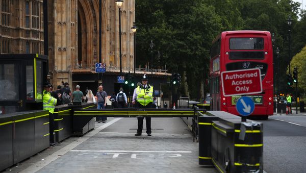 Police officers stand at the vehicle barrier to the Houses of Parliament where a car crashed after knocking down cyclists and pedestrians yesterday in Westminster, London, Britain, August 15, 2018 - Sputnik International