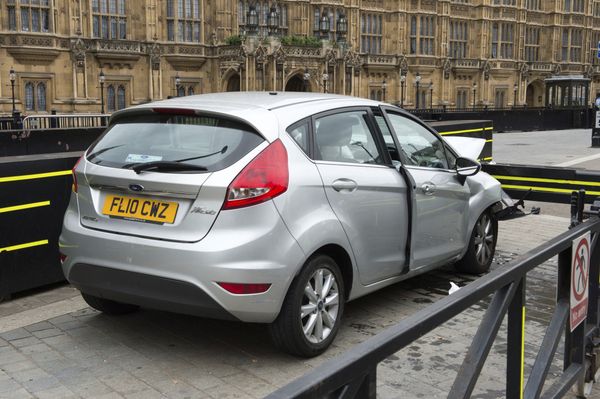 The car that was driven at pedestrians and cyclists in Westminster then crashed into the barrier outside the Houses of Parliament on Tuesday is seen in an image handed out by the Metropolitan Police in London, August 15, 2018 The car that was driven at pedestrians and cyclists in Westminster then crashed into the barrier outside the Houses of Parliament on Tuesday is seen in an image handed out by the Metropolitan Police in London, August 15, 2018 - Sputnik International