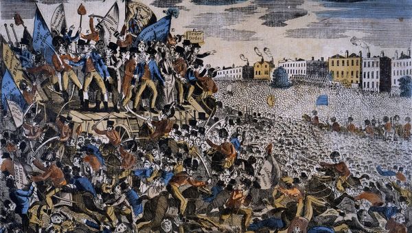Dreadful Scene at Manchester Meeting of Reformers 16 August 1819: A print depicting the Peterloo Massacre at Manchester, England - Sputnik International