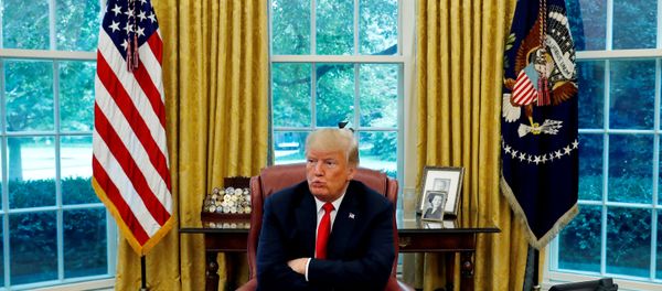 U.S. President Donald Trump reacts to a question during an interview with Reuters in the Oval Office of the White House in Washington, U.S. August 20, 2018 - Sputnik International
