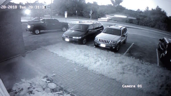 Surveillance camera captures the moment a Model S Tesla goes airborne, crashing into a tree near a school parking lot. - Sputnik International