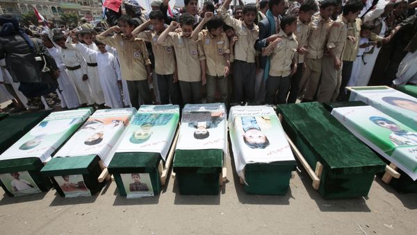 In this Aug. 13, 2018, file photo, Yemeni people attend the funeral of victims of a Saudi-led airstrike, in Saada, Yemen - Sputnik International