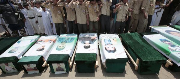 In this Aug. 13, 2018, file photo, Yemeni people attend the funeral of victims of a Saudi-led airstrike, in Saada, Yemen - Sputnik International