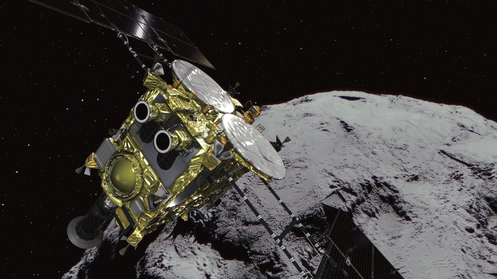 This computer graphics image provided by the Japan Aerospace Exploration Agency (JAXA) shows an asteroid and asteroid explorer Hayabusa2.  - Sputnik International, 1920, 21.12.2022