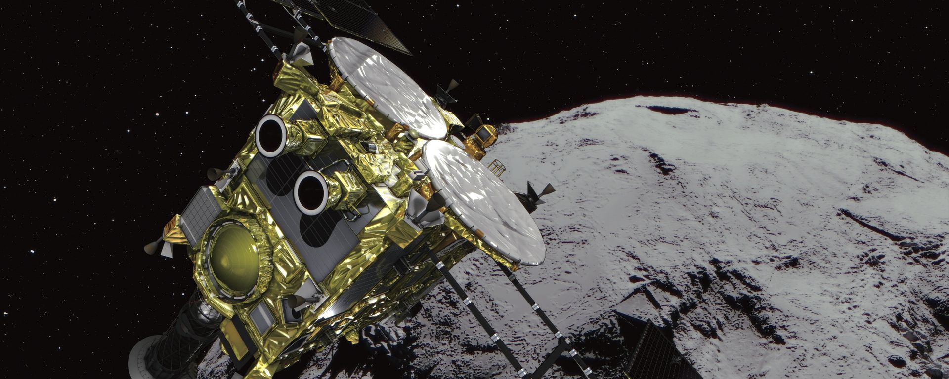 This computer graphics image provided by the Japan Aerospace Exploration Agency (JAXA) shows an asteroid and asteroid explorer Hayabusa2. This computer graphics image provided by the Japan Aerospace Exploration Agency (JAXA) shows an asteroid and asteroid explorer Hayabusa2. - Sputnik International, 1920, 12.11.2023