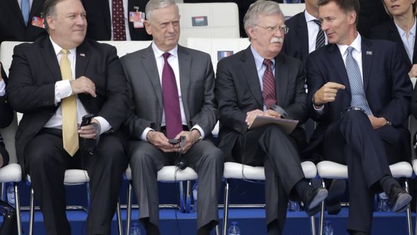 U.S. Secretary of State Mike Pompeo, U.S. Secretary for Defense Jim Mattis, security adviser John Bolton and British Foreign Secretary Jeremy Hunt, from left, during a summit of heads of state and government at NATO headquarters in Brussels Wednesday, July 11, 2018. - Sputnik International