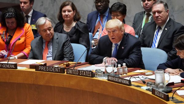 UN General Secretary Antonio Guterres listens as US President Donald Trump (C) opens the UN Security Council meeting on September 26, 2018 in New York on the sidelines of the UN General Assembly UN General Secretary Antonio Guterres listens as US President Donald Trump (C) opens the UN Security Council meeting on September 26, 2018 in New York on the sidelines of the UN General Assembly - Sputnik International