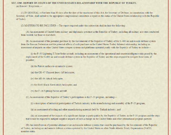 Section of the John S. McCain National Defense Authorization Act for Fiscal Year 2019 bill entitled Report on the Status of the United States Relationship with the Republic of Turkey. - Sputnik International