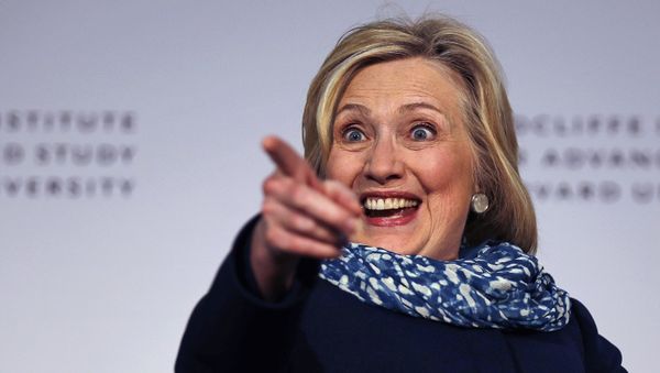 Hillary Clinton points to the audience as she is introduced at Harvard University in Cambridge, Mass., Friday, May 25, 2018. Harvard University's Radcliffe Institute honored Clinton with the 2018 Radcliffe Medal - Sputnik International