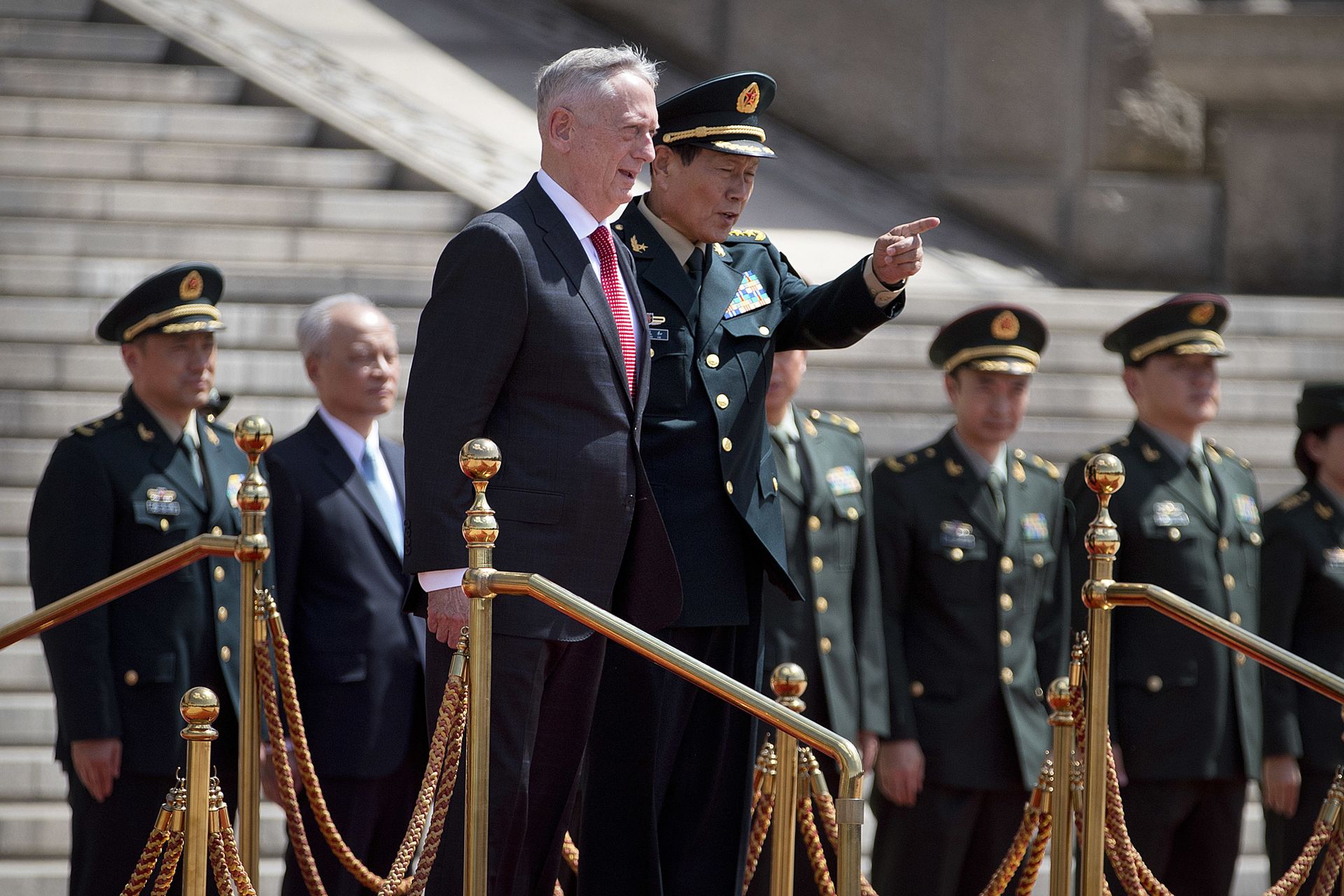 U.S. Defense Secretary Jim Mattis, center left, and China's Defense Minister Wei Fenghe stand together during a welcome ceremony at the Bayi Building in Beijing, Wednesday, June 27, 2018 U.S. Defense Secretary Jim Mattis, center left, and China's Defense Minister Wei Fenghe stand together during a welcome ceremony at the Bayi Building in Beijing, Wednesday, June 27, 2018 - Sputnik International, 1920, 07.09.2021
