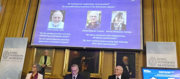Members of the Nobel Committee for Physics (L-R) Olga Botner, Goran K Hansson and Mats Larsson sit in front of a screen displaying portraits of Arthur Ashkin of the United States, Gerard Mourou of France and Donna Strickland of Canada during the announcement of the winners of the 2018 Nobel Prize in Physics. Members of the Nobel Committee for Physics (L-R) Olga Botner, Goran K Hansson and Mats Larsson sit in front of a screen displaying portraits of Arthur Ashkin of the United States, Gerard Mourou of France and Donna Strickland of Canada during the announcement of the winners of the 2018 Nobel Prize in Physics. - Sputnik International