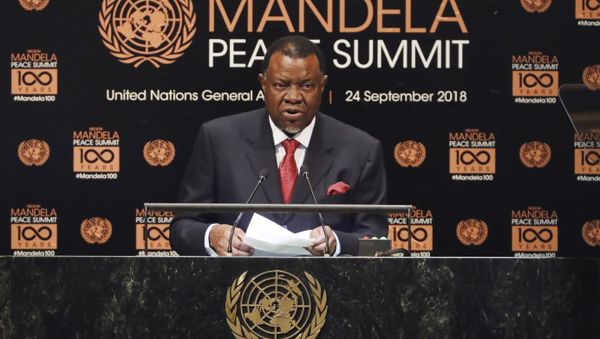 Namibia's President Hage Geingob addresses the Nelson Mandela Peace Summit in the United Nations General Assembly, at U.N. headquarters, Monday, Sept. 24, 2018. - Sputnik International