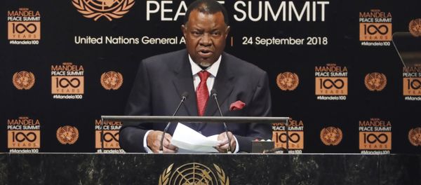 Namibia's President Hage Geingob addresses the Nelson Mandela Peace Summit in the United Nations General Assembly, at U.N. headquarters, Monday, Sept. 24, 2018. - Sputnik International