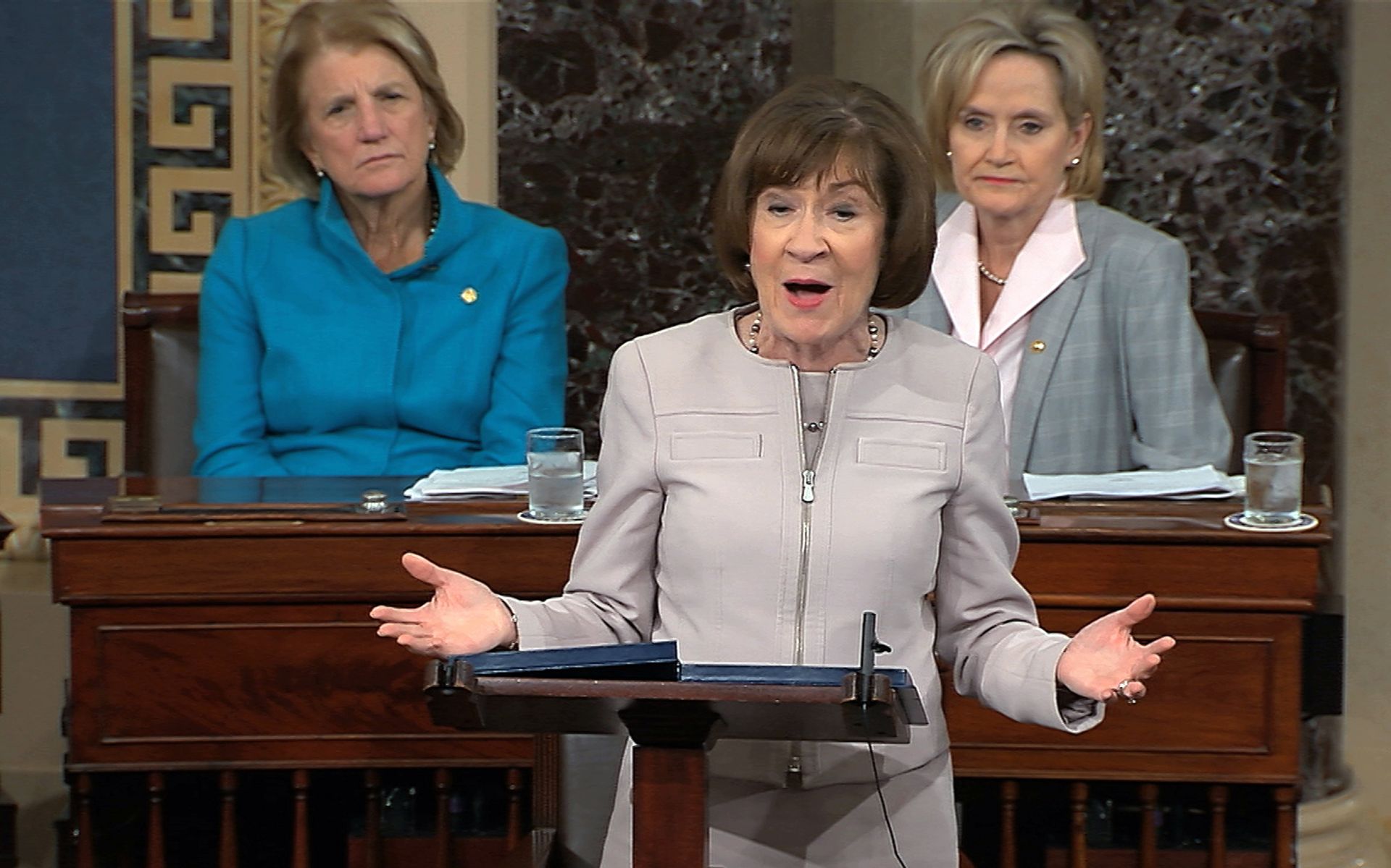 Sen. Susan Collins, R-Maine., speaks on the Senate floor about her vote on Supreme Court nominee Judge Brett Kananaugh, Friday, Oct. 5, 2018 in the Capitol in Washington. Sen Shelly Capito, R-W.Va., sits rear left and Sen. Cindy Hyde-Smith, R-Miss., sits right. (Senate TV via AP) Sen. Susan Collins, R-Maine., speaks on the Senate floor about her vote on Supreme Court nominee Judge Brett Kananaugh, Friday, Oct. 5, 2018 in the Capitol in Washington. Sen Shelly Capito, R-W.Va., sits rear left and Sen. Cindy Hyde-Smith, R-Miss., sits right. (Senate TV via AP) - Sputnik International, 1920, 19.09.2024