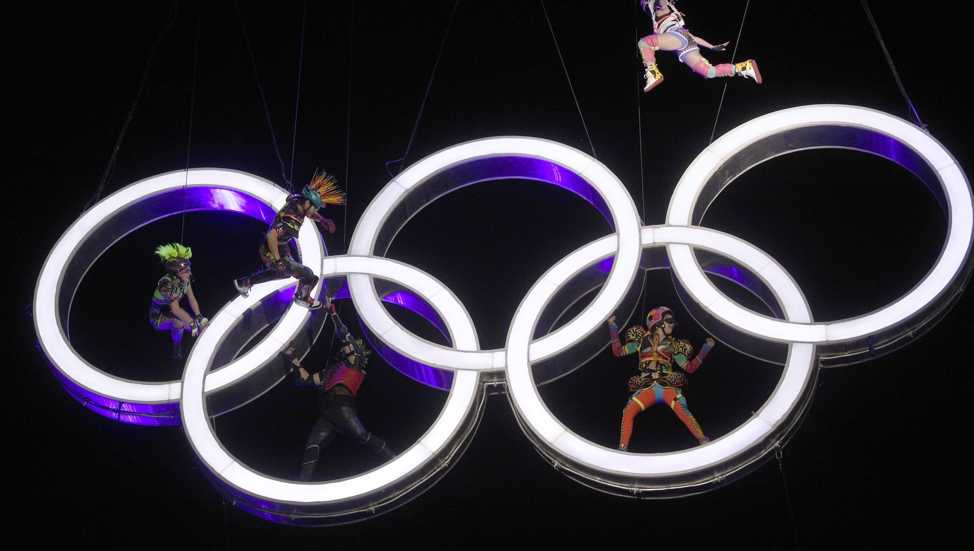 Actors perform high up in the air, inside the Olympic rings during the Opening Ceremony of The Youth Olympic Games, in Buenos Aires, Argentina, Saturday, Oct. 6, 2018. Actors perform high up in the air, inside the Olympic rings during the Opening Ceremony of The Youth Olympic Games, in Buenos Aires, Argentina, Saturday, Oct. 6, 2018. - Sputnik International, 1920, 25.02.2021