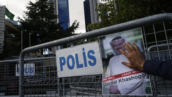 A poster of missing Saudi writer Jamal Khashoggi, on a barrier that blocks the road leading to the Saudi Arabia consulate in Istanbul. A poster of missing Saudi writer Jamal Khashoggi, on a barrier that blocks the road leading to the Saudi Arabia consulate in Istanbul. - Sputnik International