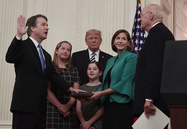 President Donald Trump, center, listens as retired Supreme Court Justice Anthony Kennedy, right, ceremonially swears-in Supreme Court Justice Brett Kavanaugh, left, in the East Room of the White House in Washington, Monday, Oct. 8, 2018. Kavanaugh's wife Ashley watches, second from right with daughters Margaret, left, and Liza. President Donald Trump, center, listens as retired Supreme Court Justice Anthony Kennedy, right, ceremonially swears-in Supreme Court Justice Brett Kavanaugh, left, in the East Room of the White House in Washington, Monday, Oct. 8, 2018. Kavanaugh's wife Ashley watches, second from right with daughters Margaret, left, and Liza. - Sputnik International