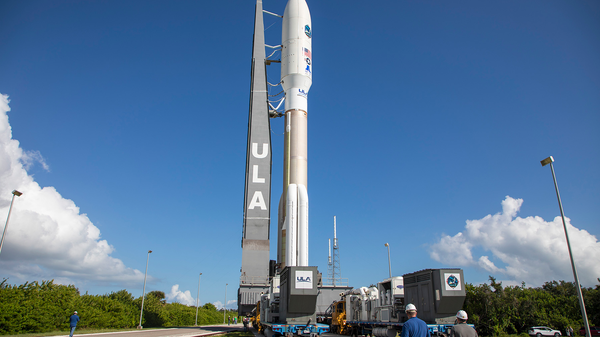 A ULA Atlas V rocket carrying the AEHF-4 mission for the U.S. Air Force is rolled from the Vertical Integration Facility to the launch pad at Cape Canaveral's Space Launch Complex-41. A ULA Atlas V rocket carrying the AEHF-4 mission for the U.S. Air Force is rolled from the Vertical Integration Facility to the launch pad at Cape Canaveral's Space Launch Complex-41. - Sputnik International