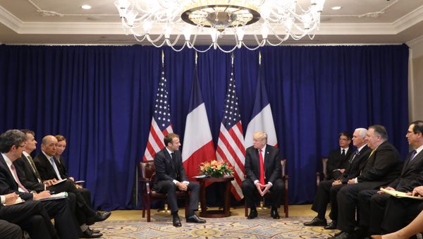 US Secretary of State Mike Pompeo (2nd from R), US Vice President Mike Pence (3rd from R) listen to French President Emmanuel Macron (center L) talks with US President Donald Trump during a bilateral meeting in New York on September 24, 2018, a day before the start of the General Debate of the 73rd session of the General Assembly US Secretary of State Mike Pompeo (2nd from R), US Vice President Mike Pence (3rd from R) listen to French President Emmanuel Macron (center L) talks with US President Donald Trump during a bilateral meeting in New York on September 24, 2018, a day before the start of the General Debate of the 73rd session of the General Assembly - Sputnik International