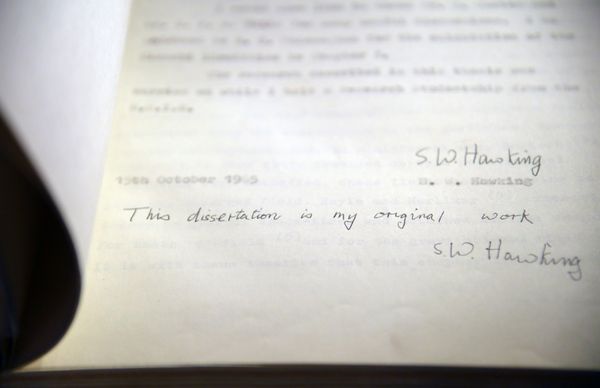A handwritten page is seen from a copy of the 1965 PhD thesis by the British theoretical physicist Stephen Hawking ahead of an auction of items from his personal estate at Christie's in London, Britain October 30, 2018. - Sputnik International