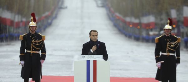 French President Emmanuel Macron delivers a speech during a ceremony at the Arc de Triomphe in Paris as part of the commemorations marking the 100th anniversary of the 11 November 1918 armistice, ending World War I, Sunday, Nov. 11, 2018 French President Emmanuel Macron delivers a speech during a ceremony at the Arc de Triomphe in Paris as part of the commemorations marking the 100th anniversary of the 11 November 1918 armistice, ending World War I, Sunday, Nov. 11, 2018 - Sputnik International