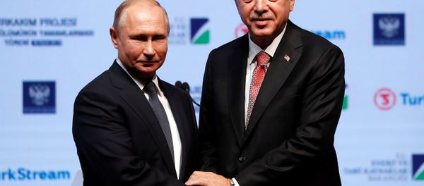 Turkish President Tayyip Erdogan and his Russian counterpart Vladimir Putin shake hands as they attend a ceremony to mark the completion of the sea part of the TurkStream gas pipeline, in Istanbul, Turkey November 19, 2018 - Sputnik International