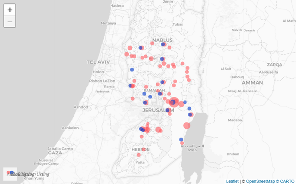Human Rights Watch map shows former Airbnb rentals in the illegally occupied West Bank with red dots, blue dots to signify current rentals on Booking.com. Human Rights Watch map shows former Airbnb rentals in the illegally occupied West Bank with red dots, blue dots to signify current rentals on Booking.com. - Sputnik International