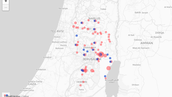 Human Rights Watch map shows former Airbnb rentals in the illegally occupied West Bank with red dots, blue dots to signify current rentals on Booking.com. Human Rights Watch map shows former Airbnb rentals in the illegally occupied West Bank with red dots, blue dots to signify current rentals on Booking.com. - Sputnik International