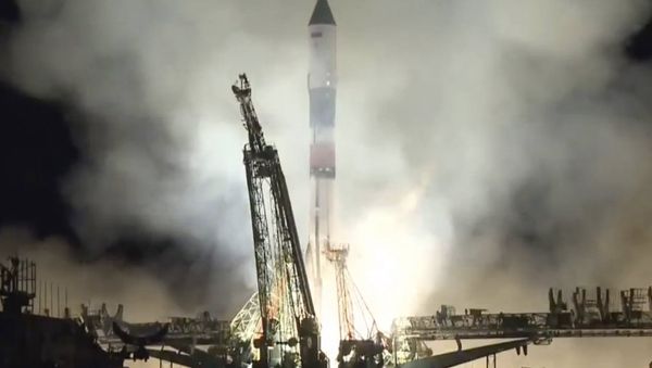 In this photo distributed by Roscosmos Space Agency Press Service on Friday, Nov. 16, 2018, Russian cargo ship Souz FG with the Progress MS-10 takes off from the launch pad at Russia's main space facility in Baikonur, Kazakhstan - Sputnik International
