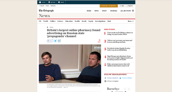 Screengrab of the Telegraph hit piece on RT, featuring a still from Sputnik/RT editor in chief Margarita Simonyan's interview of the two men London suspects of involvement in the Skripal poisoning case. Screengrab of the Telegraph hit piece on RT, featuring a still from Sputnik/RT editor in chief Margarita Simonyan's interview of the two men London suspects of involvement in the Skripal poisoning case. - Sputnik International