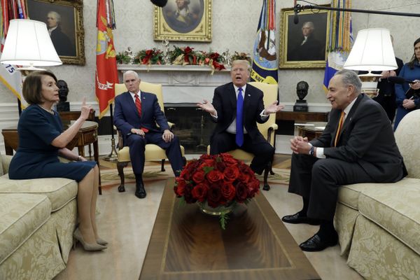 President Donald Trump and Vice President Mike Pence meet with Senate Minority Leader Chuck Schumer, D-N.Y., and House Minority Leader Nancy Pelosi, D-Calif., in the Oval Office of the White House, Tuesday, Dec. 11, 2018, in Washington. President Donald Trump and Vice President Mike Pence meet with Senate Minority Leader Chuck Schumer, D-N.Y., and House Minority Leader Nancy Pelosi, D-Calif., in the Oval Office of the White House, Tuesday, Dec. 11, 2018, in Washington. - Sputnik International