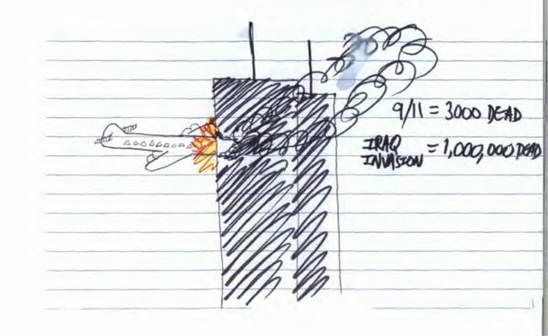 Mohiussunnath Chowdhury also drew this image of the 9/11 attacks with comments on the right contrasting the death toll with that in Iraq - Sputnik International