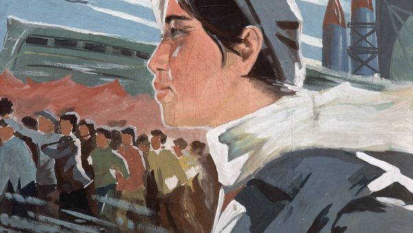 A Chinese revolutionary propaganda billboard in Zibo, a city in Shantung province of China on January 28, 1979 shows a young woman with a dynamic backdrop of workers, planes and a speeding train - Sputnik International