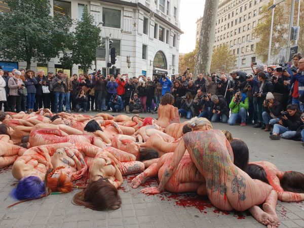 Animal rights activists can be seen staging a protest against the fur industry in Barcelona on 16 December 2018 - Sputnik International