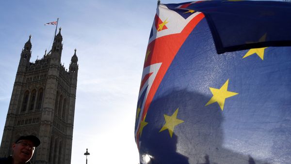 A demonstrator holds EU and Union flags during an anti-Brexit protest opposite the Houses of Parliament in London, Britain, December 17, 2018 - Sputnik International