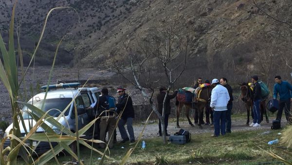 In this photo provided by Moroccan news channel 2M and taken on Tuesday, Dec. 18, 2018, a security team is seen at the area where the bodies of two Scandinavian women tourists were found dead, near Imlil in the High Atlas mountains, Morocco - Sputnik International