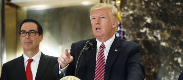 US President Donald Trump, accompanied by the country's Treasury Secretary Steven Mnuchin, speaks to the media in the lobby of Trump Tower in New York, Aug. 15, 2017 US President Donald Trump, accompanied by the country's Treasury Secretary Steven Mnuchin, speaks to the media in the lobby of Trump Tower in New York, Aug. 15, 2017 - Sputnik International