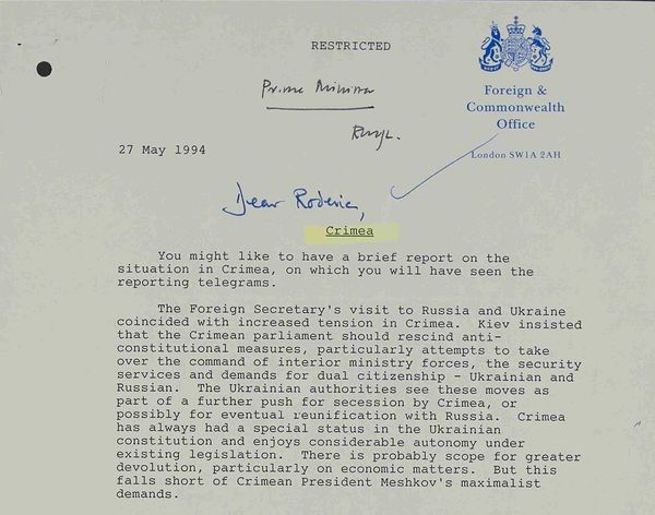 Foreign Office report to Prime Minister Major re conflict between Ukraine and Crimea Foreign Office report to Prime Minister Major re conflict between Ukraine and Crimea - Sputnik International