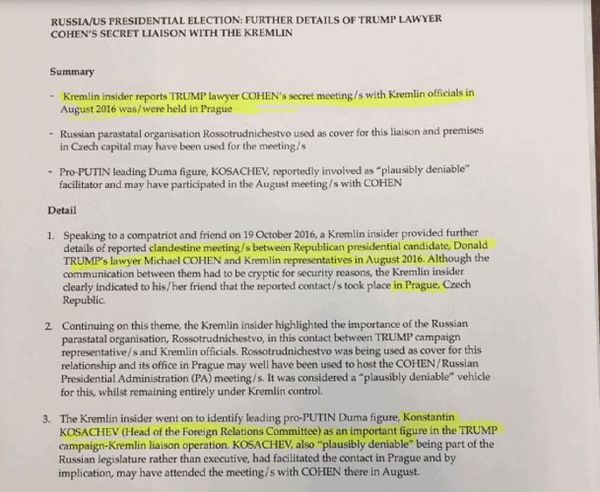 Portion of the Steele Dossier concerning Michael Cohen's alleged trip to Prague in the summer of 2016. Portion of the Steele Dossier concerning Michael Cohen's alleged trip to Prague in the summer of 2016. - Sputnik International