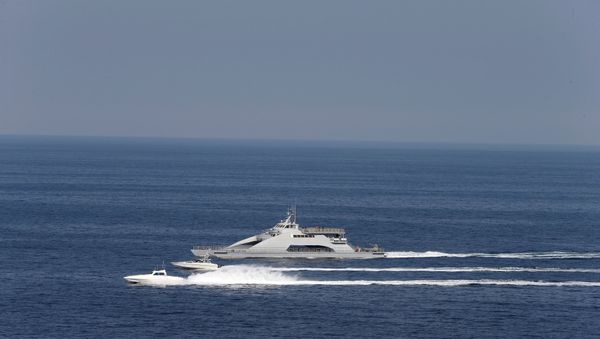 Iranian Revolutionary Guards speed boats are seen near the USS John C. Stennis carrier - Sputnik International