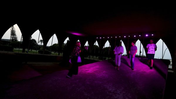 visitors tour The Lebanese Pavilion, designed in the early 1960s by the late Brazilian architect Oscar Niemeyer, at the Rashid Karami International Fair, in the northern city of Tripoli, Lebanon. The fairground has just been included on the list of sites eligible for listing on the World Heritage of Humanity by UNESCO - Sputnik International