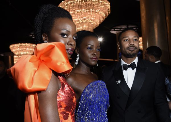 Black Panther stars (left to right) Danai Gurira, Lupita Nyongo'o and Michael B Jordan at the Golden Globes - Sputnik International
