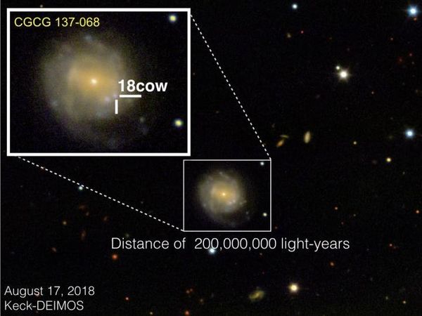 AN IMAGE OF AT2018COW AND ITS HOST GALAXY OBTAINED ON AUGUST 17, 2018 USING W. M. KECK OBSERVATORY'S INSTRUMENT, THE DEEP IMAGING AND MULTI-OBJECT SPECTROGRAPH (DEIMOS). AN IMAGE OF AT2018COW AND ITS HOST GALAXY OBTAINED ON AUGUST 17, 2018 USING W. M. KECK OBSERVATORY'S INSTRUMENT, THE DEEP IMAGING AND MULTI-OBJECT SPECTROGRAPH (DEIMOS). - Sputnik International